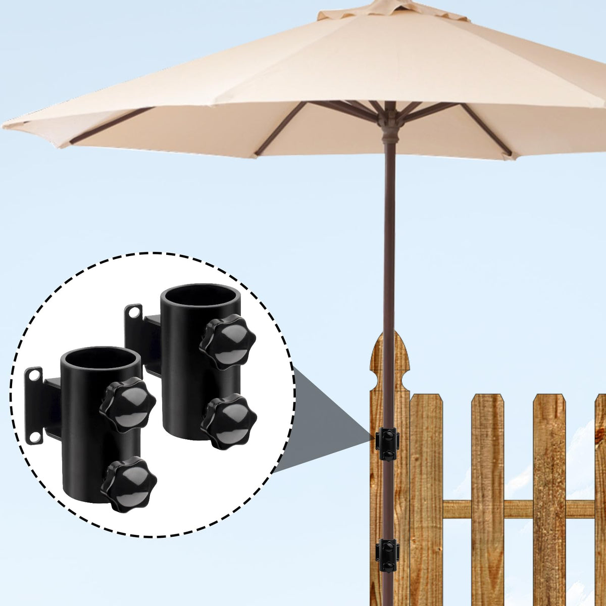 Space-saving clamp design frees ground space on small patios.