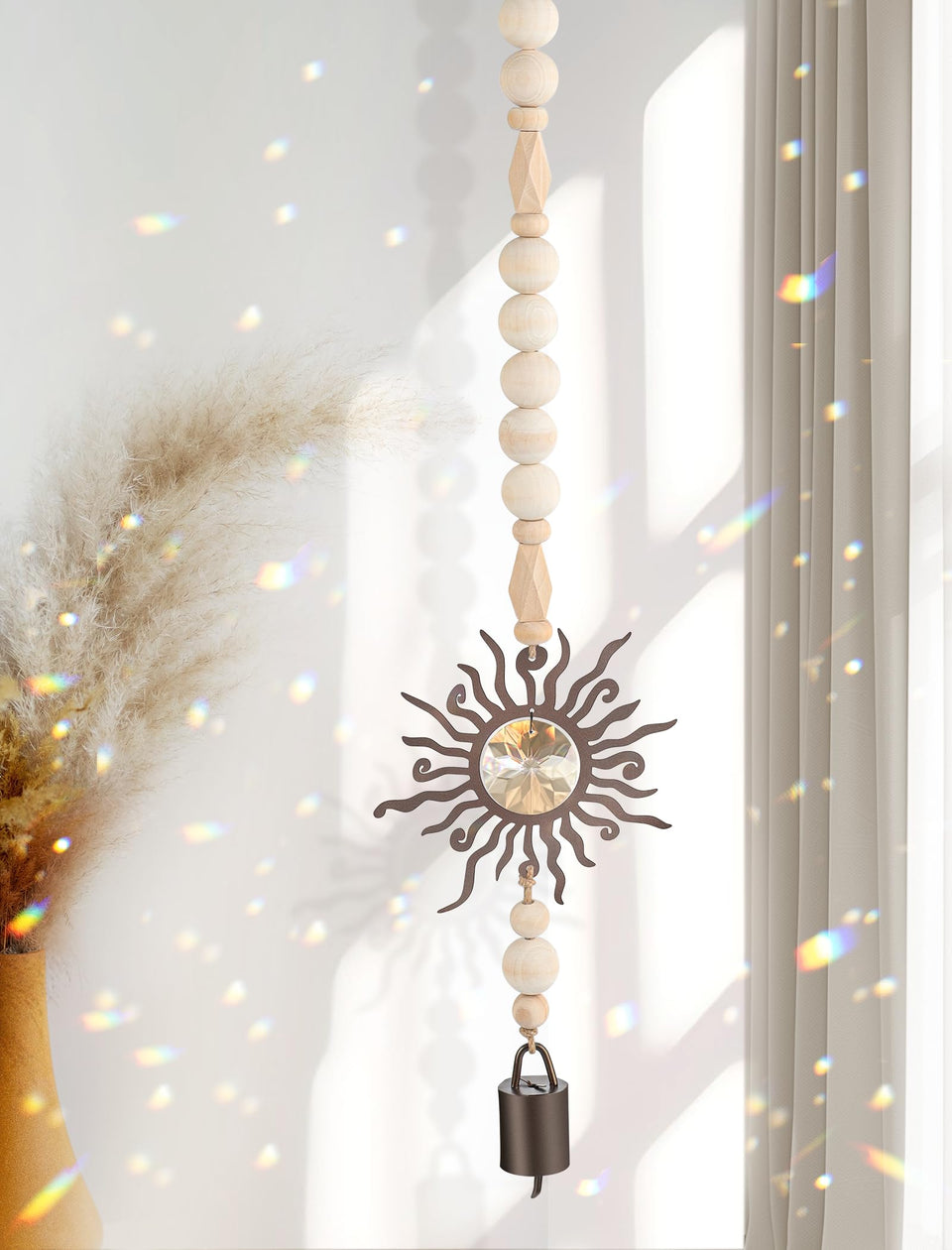 Mooncraftlogy wooden wind chime with suncatcher casting rainbow light for cozy windows