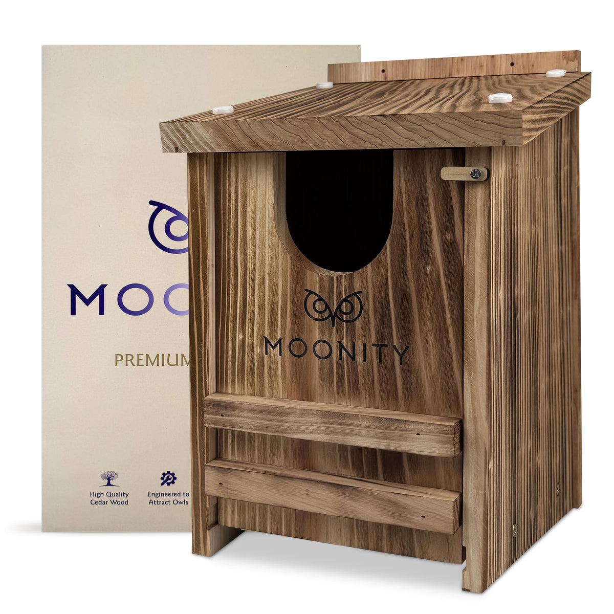 Moonity Fire-Treated Cedar Owl House front view showing rugged all-season nesting capability