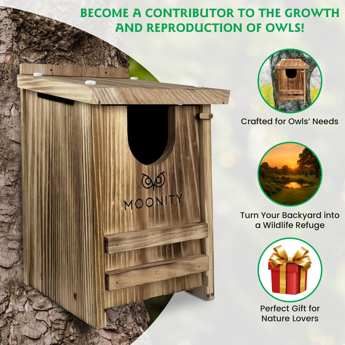 Moonity Fire-Treated Cedar Owl House installation kit included for easy setup