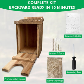 Moonity Fire-Treated Cedar Owl House packaging with durable materials and instructions