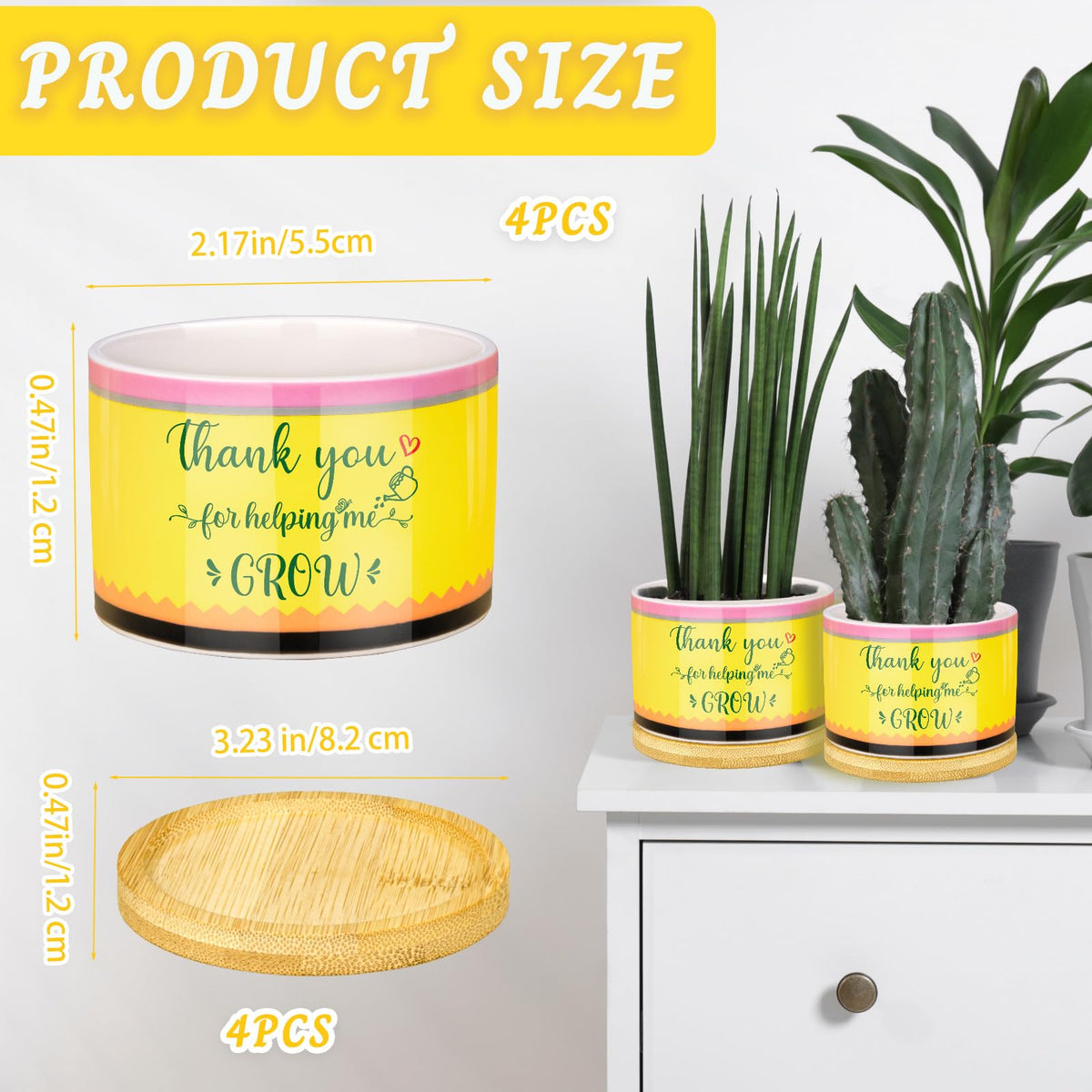 Moonld four-pack ceramic planters with pencil motif ideal for teacher gifts.