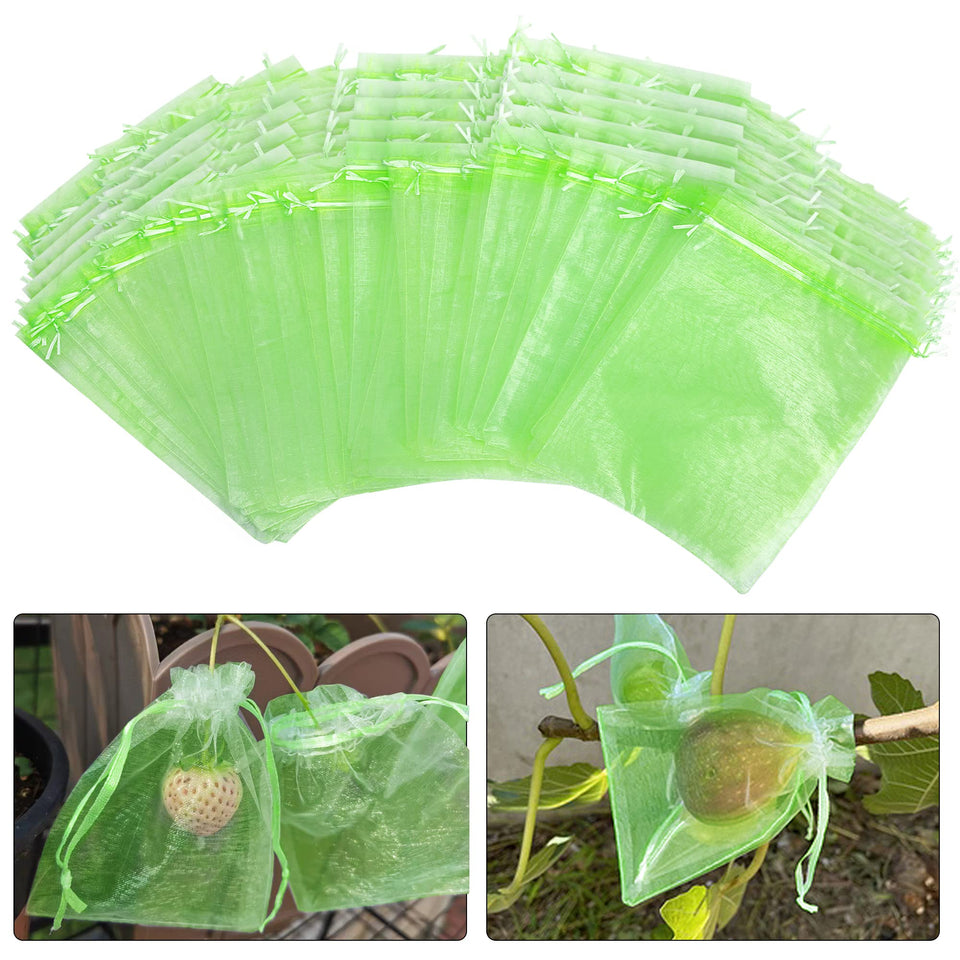 Moonoom green fruit protection bag 6x8 inch shielding fruit from pests while allowing sunlight.