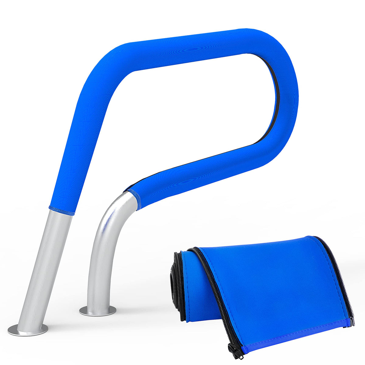 Moonoom pool rail cover on a ladder, providing safer entry into the pool.