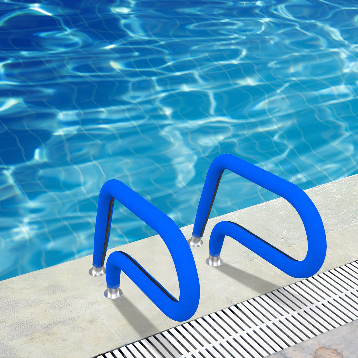 Moonoom pool railing cover installed on ladder, improving grip and reducing slips.