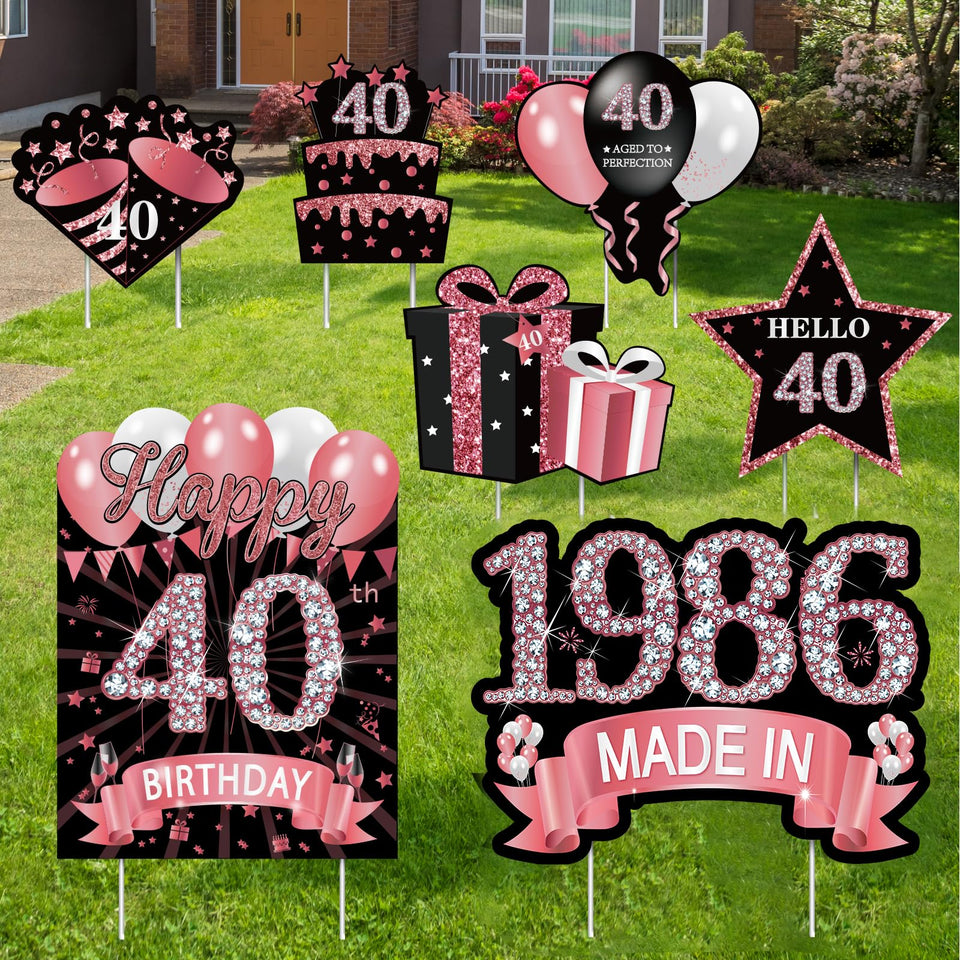 MOORAY rose gold 40th birthday yard sign with stakes for an elegant outdoor celebration.