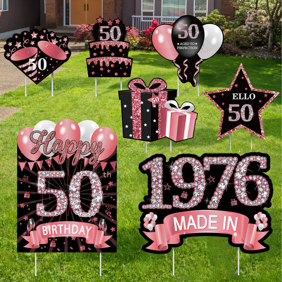 MOORAY rose gold 50th birthday yard sign with stakes for outdoor celebrations.
