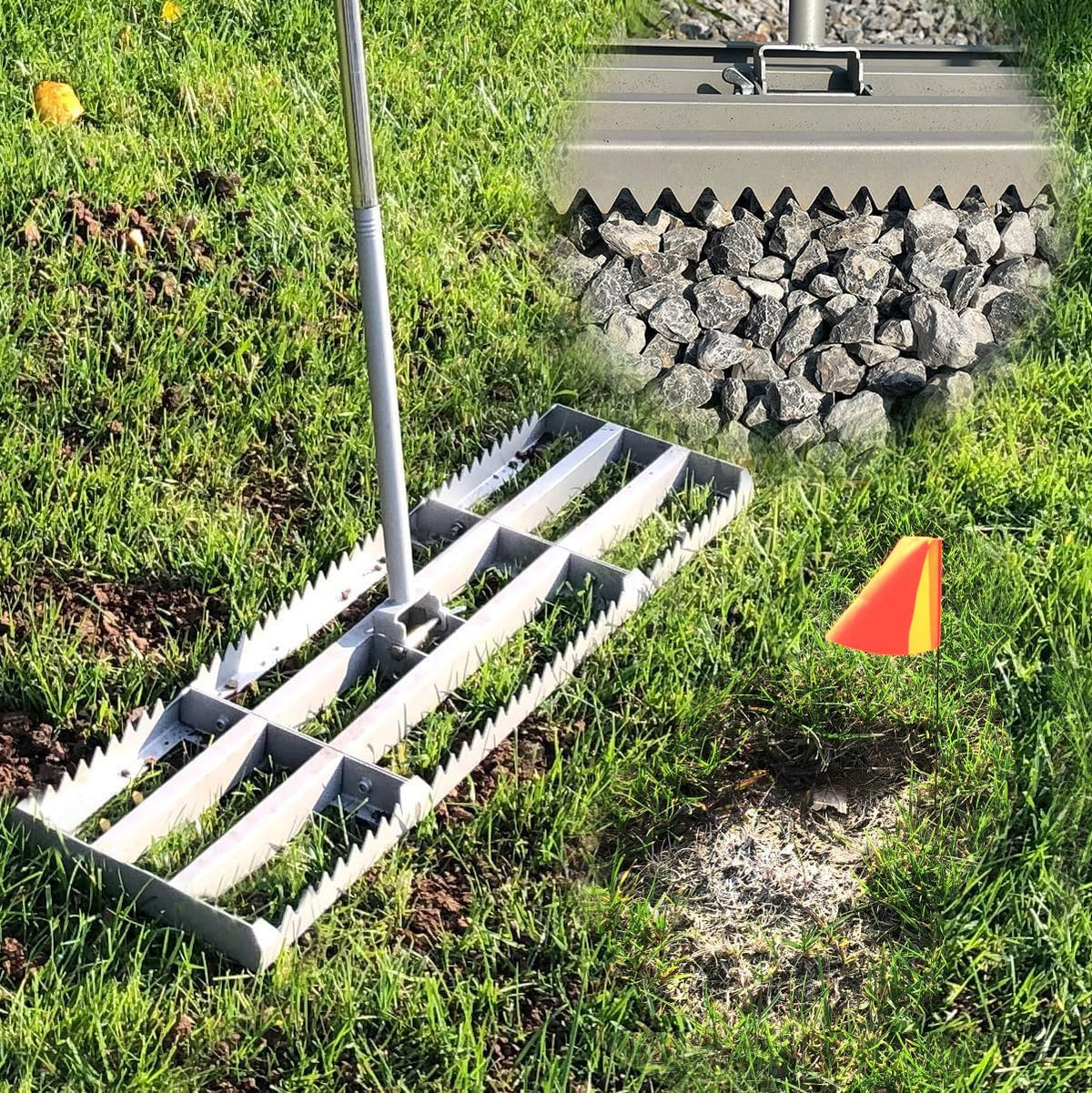 MOPAI lawn leveling rake with flat and serrated sides for soil smoothing.