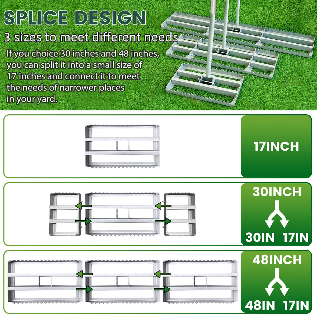 MOPAI rake split design helps use in narrow yard spaces.
