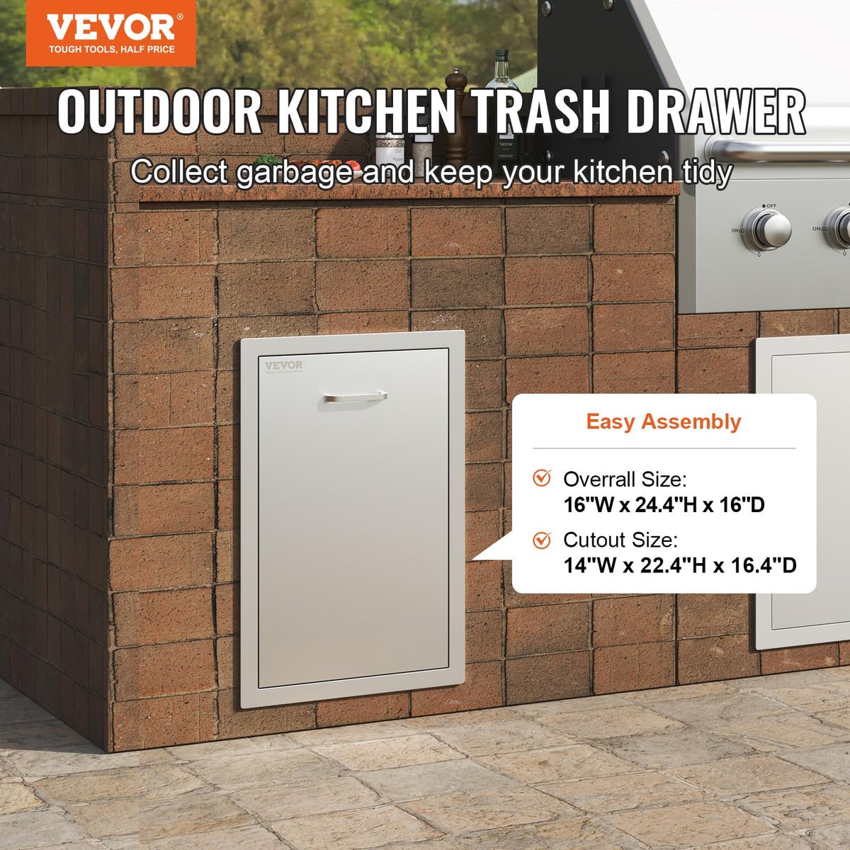 Mophorn stainless steel trash drawer doors protecting contents from weather