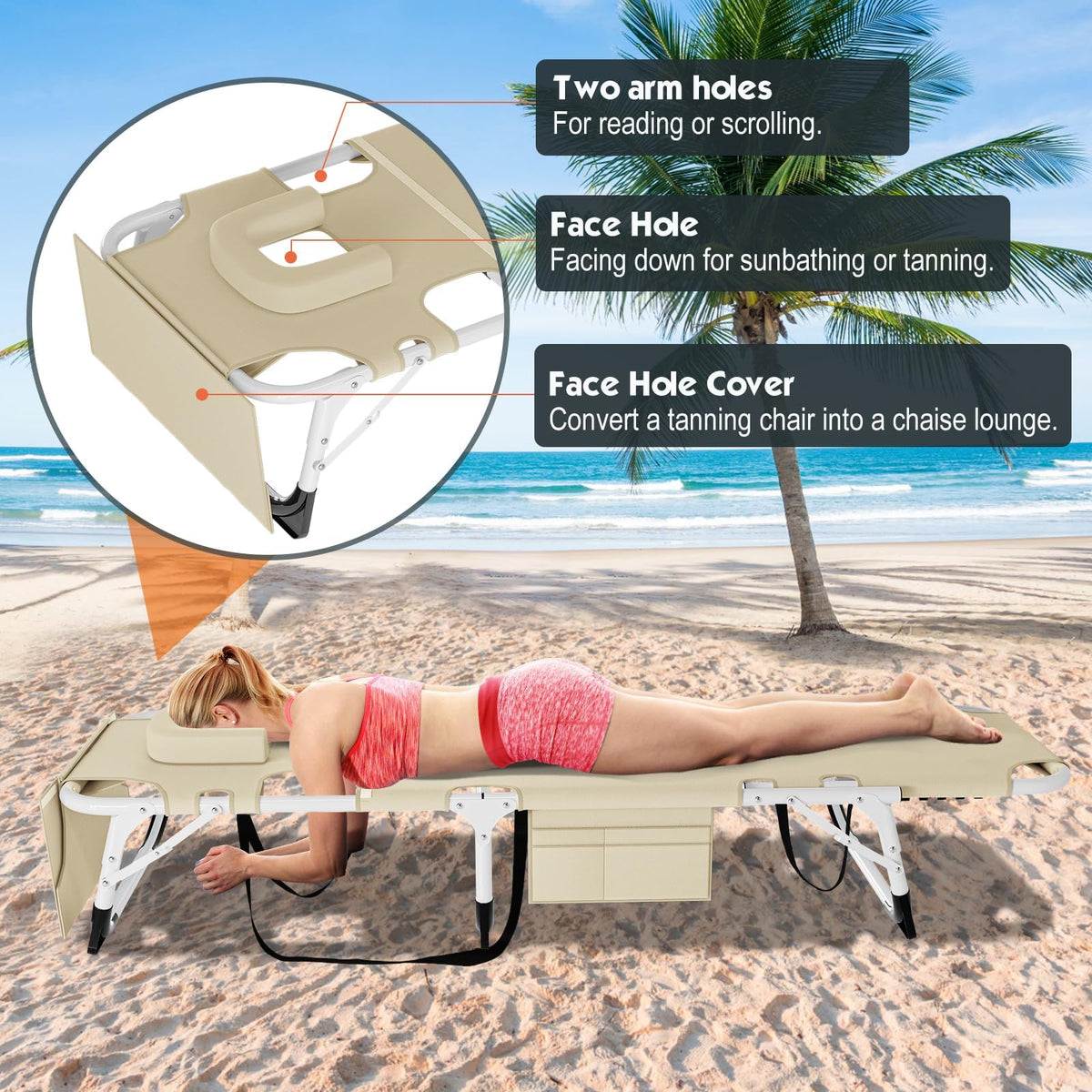 Beach and pool-ready MOPHOTO chair with pillow and side pocket for comfort