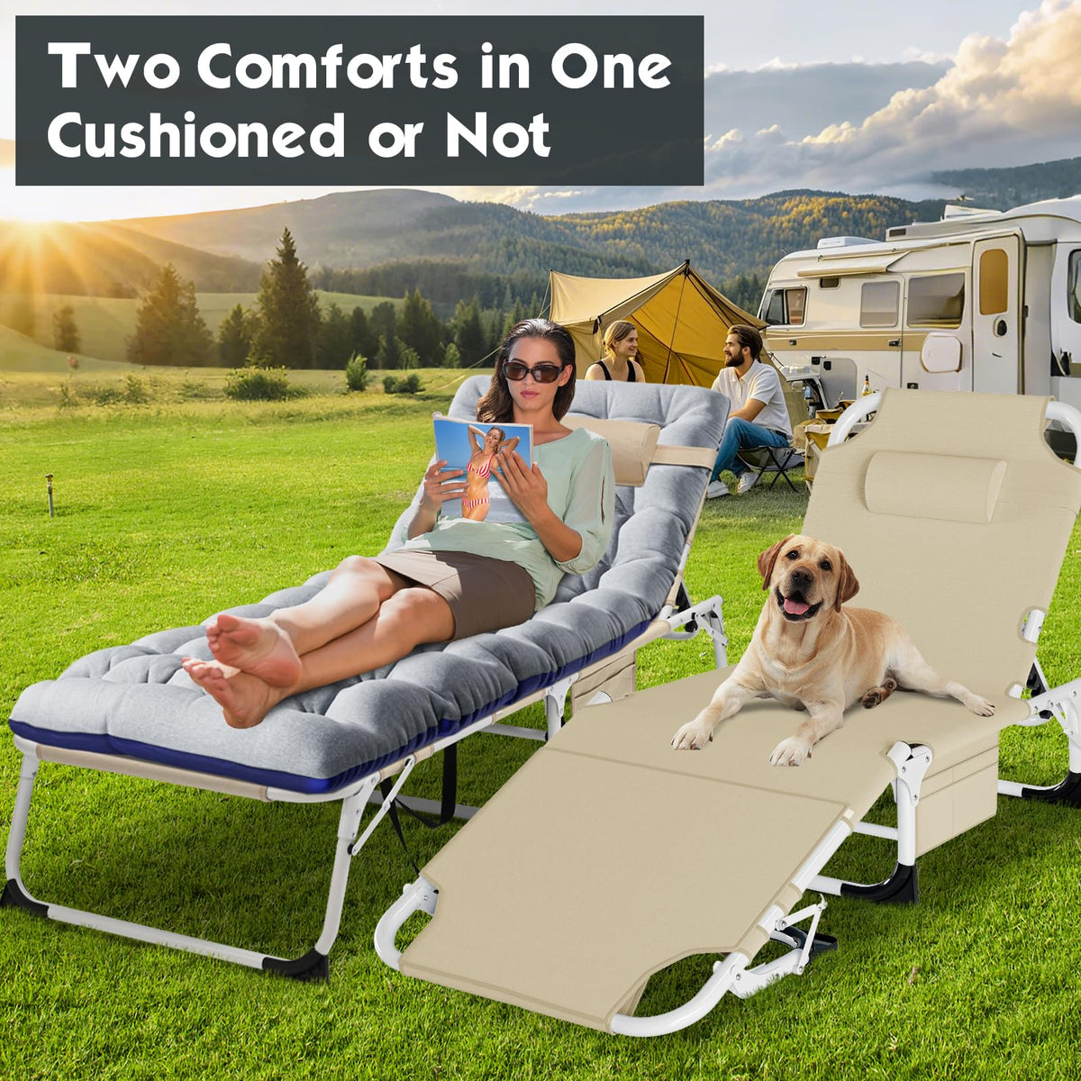 Portable MOPHOTO lounge chair folded for easy transport to beach or campsite