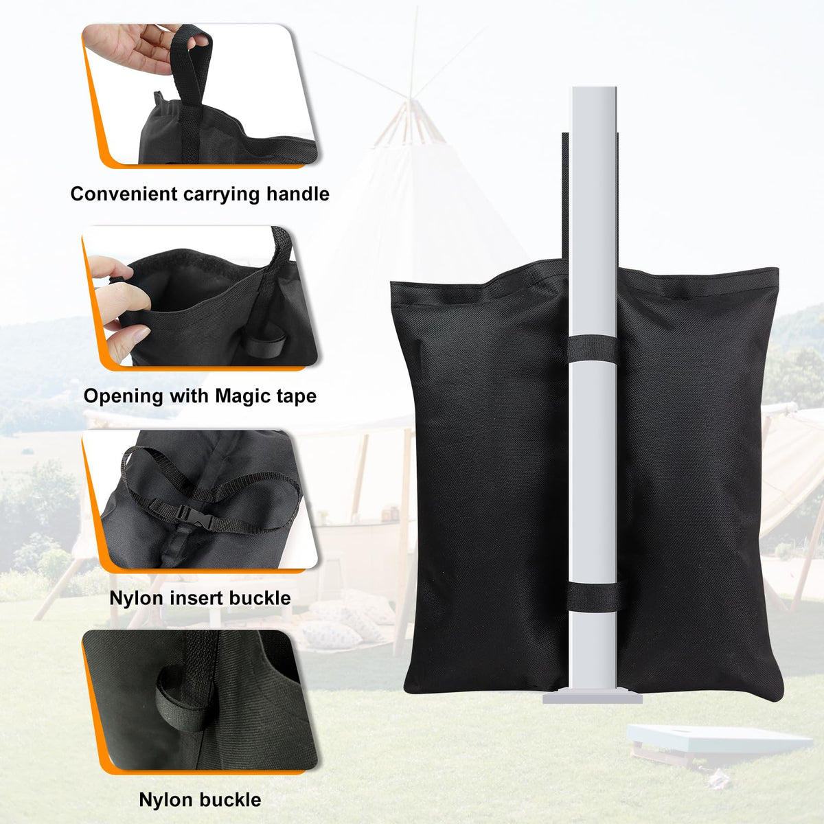 Mordx canopy weights handle for easy transport and quick setup.