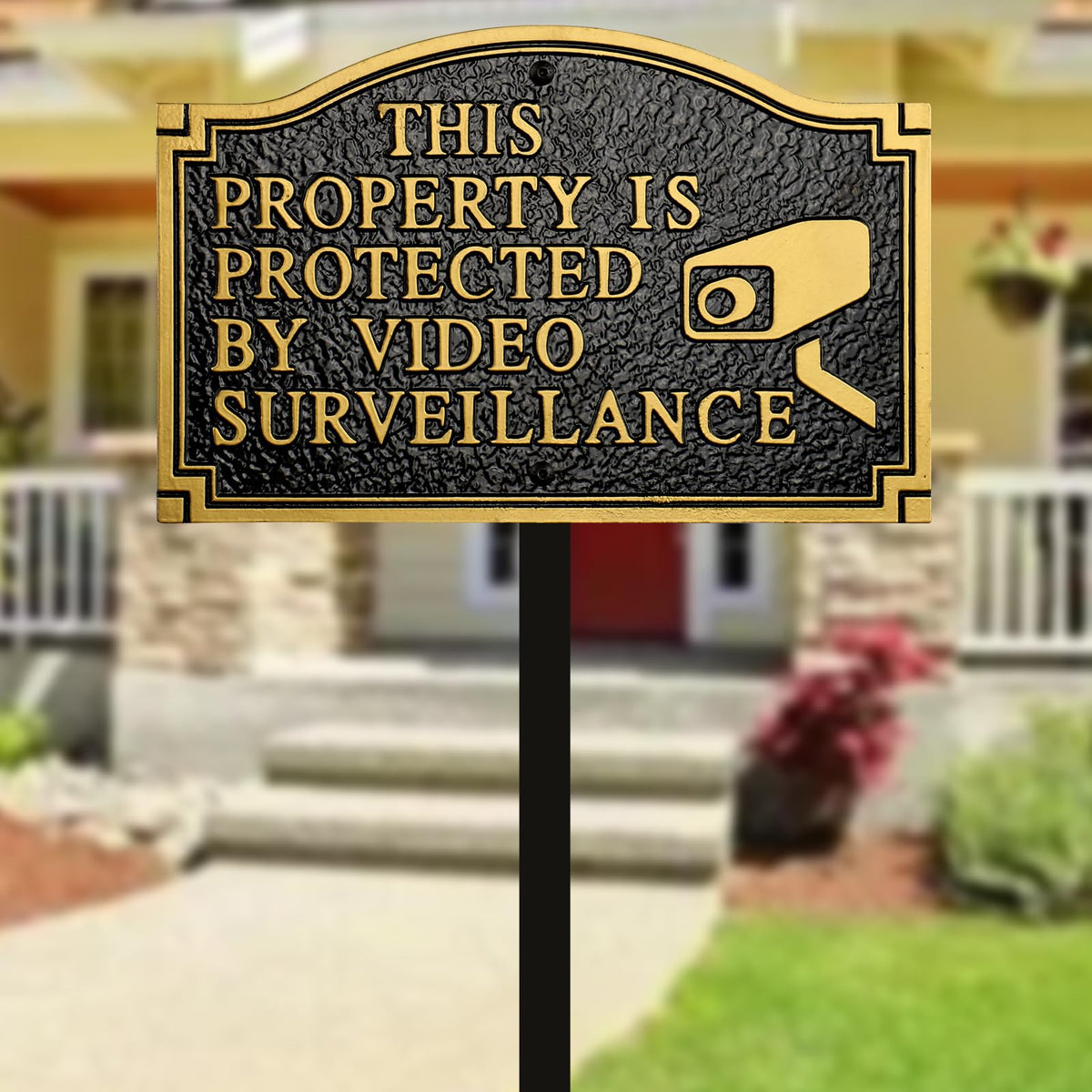 Morgtta gold lettering embossed sign adds elegant visibility to property