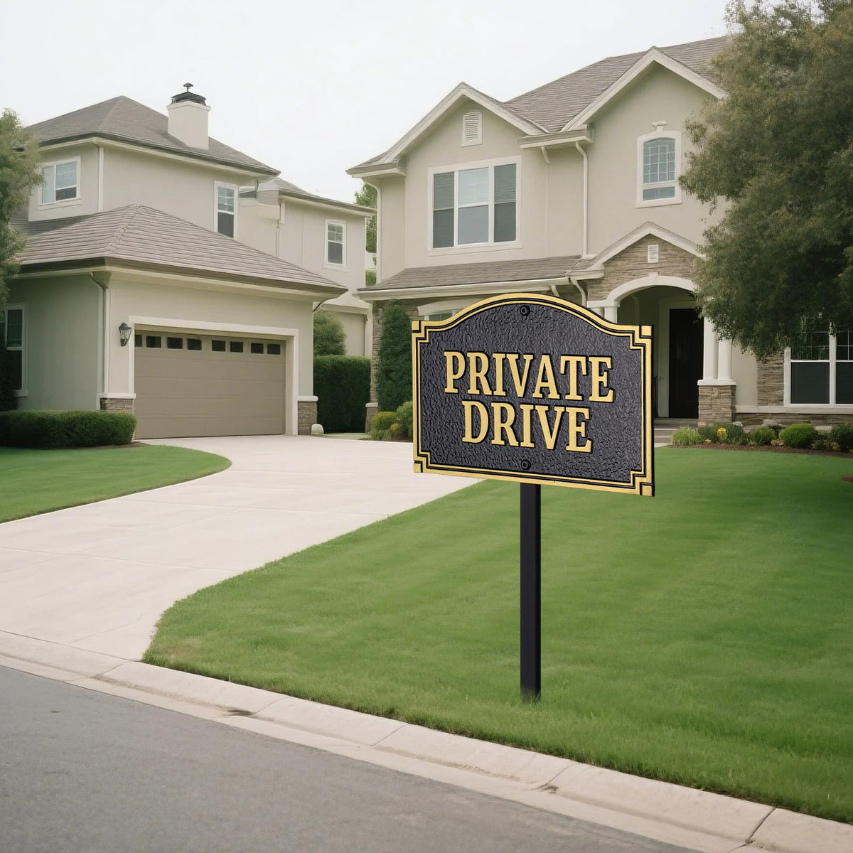 Morgtta private drive sign embossed letters close-up highlighting weatherproof text.