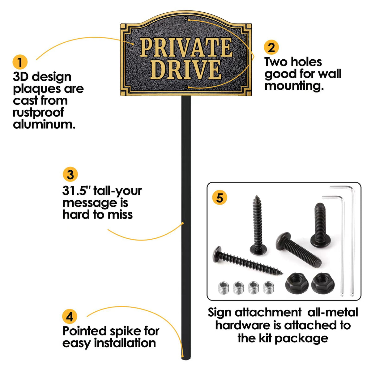 Morgtta private drive sign includes stakes and hardware for quick mounting.