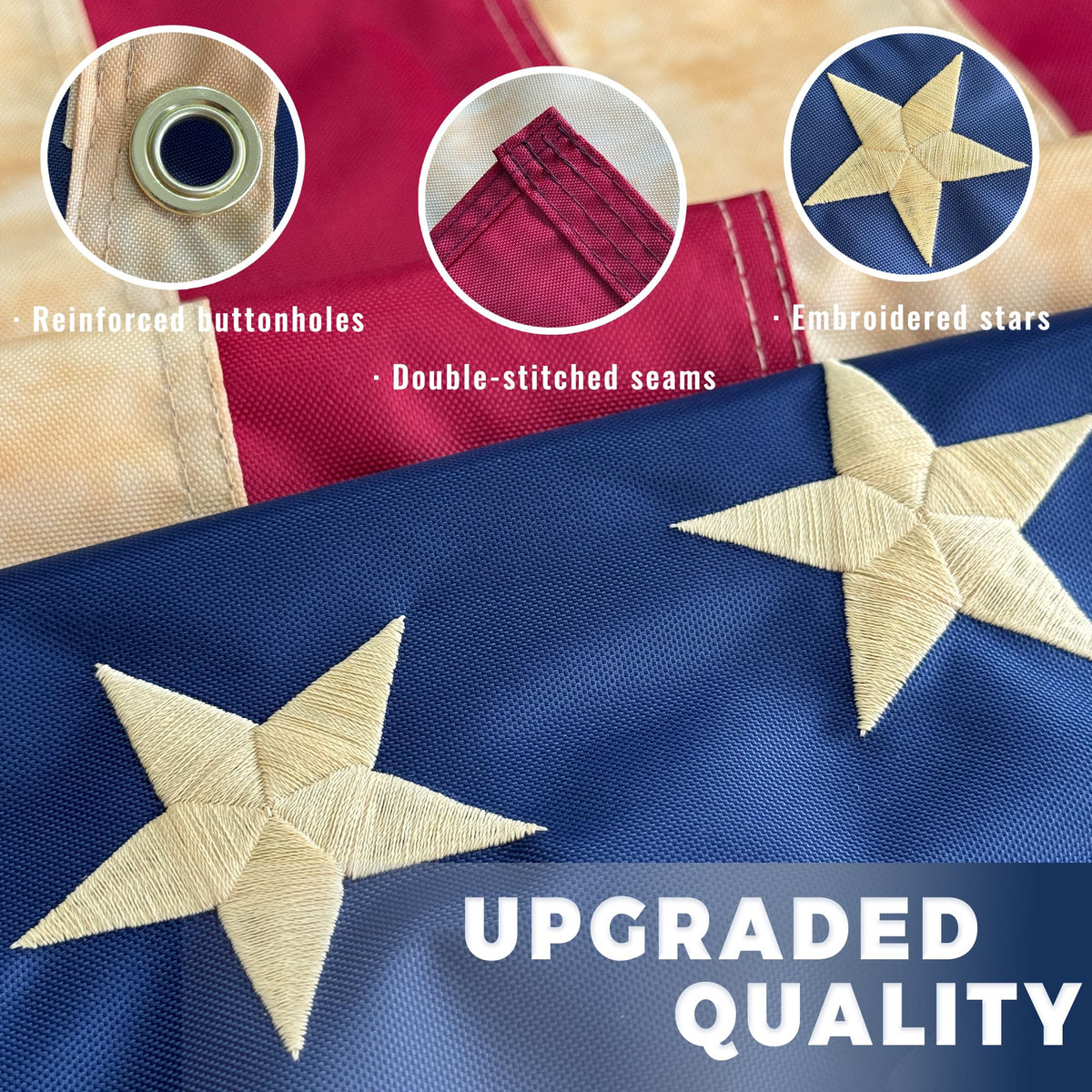 Morigins Betsy Ross flag embroidered stars; vintage stripes for stylish outdoor display.