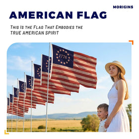 Morigins Betsy Ross flag with two grommets; easy mounting on poles or walls.