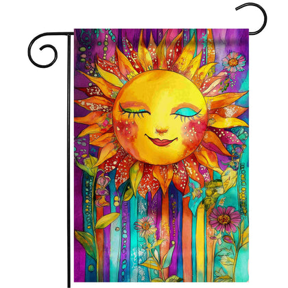 Morigins colorful smiling sun flag, double-sided, ideal for bright outdoor décor.