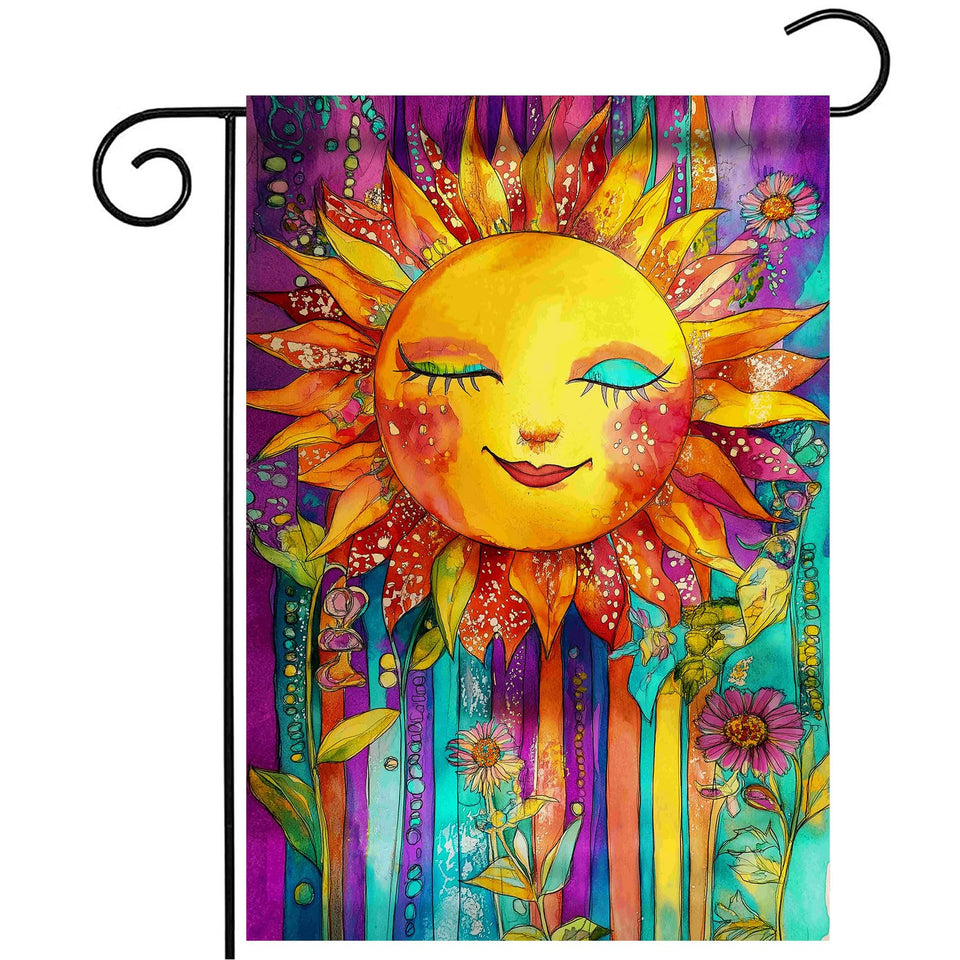 Morigins colorful smiling sun flag, double-sided, ideal for bright outdoor décor.