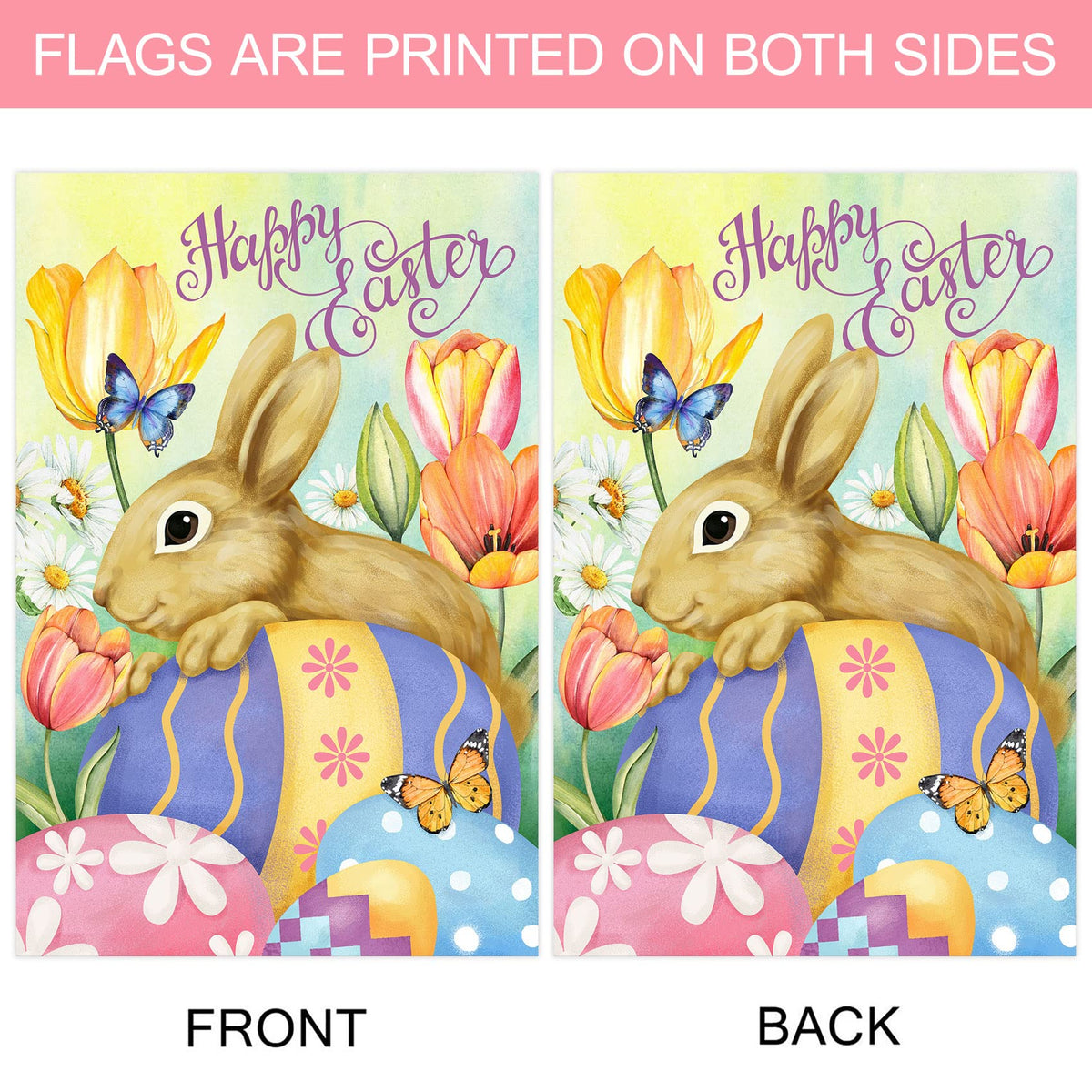 Morigins Easter Eggs double-sided flag, readable from both sides for shared visibility.