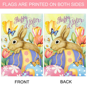 Morigins Easter Eggs double-sided flag, readable from both sides for shared visibility.