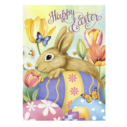 Morigins Happy Easter Bunny flag, front view, durable outdoor display.