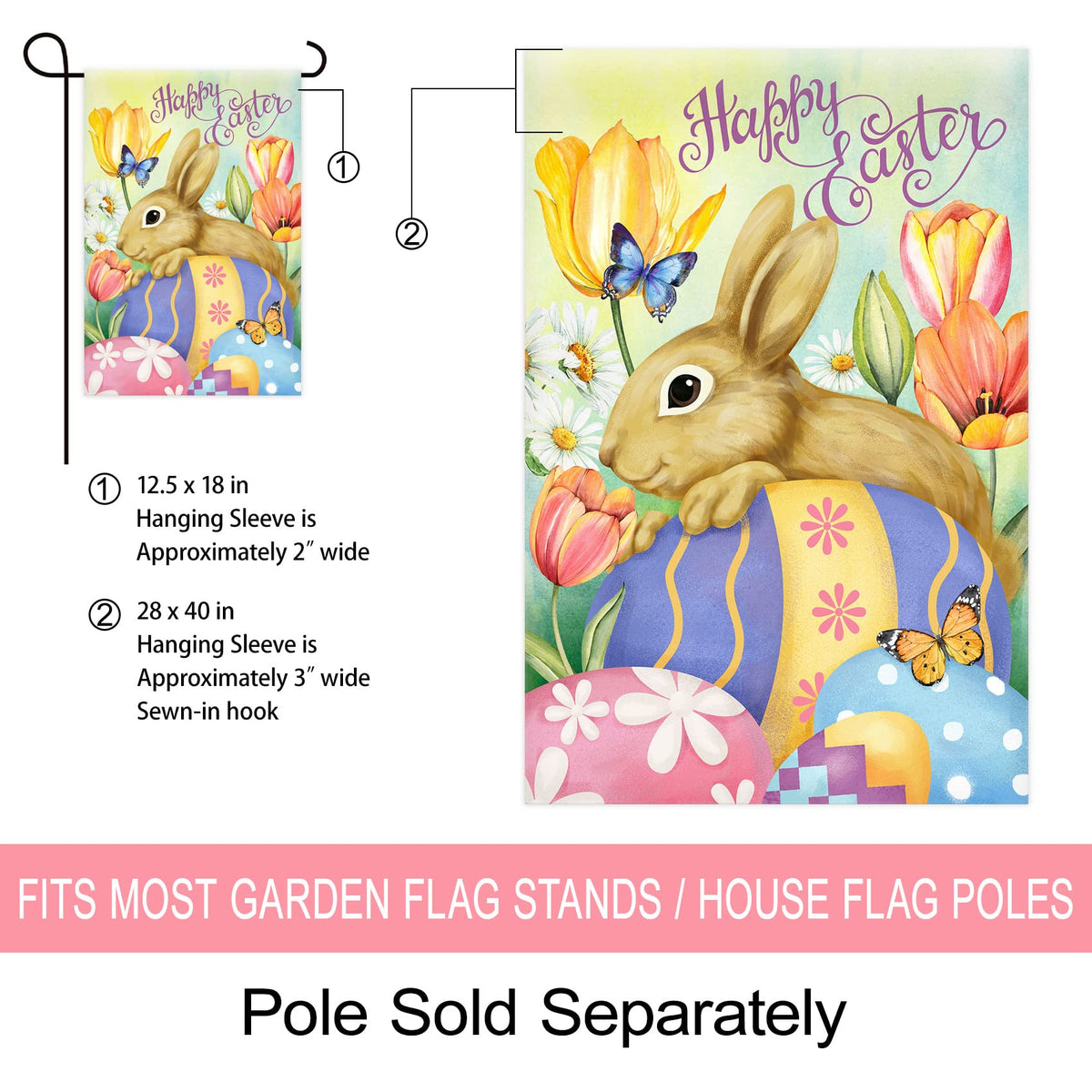 Morigins Spring Tulips yard flag, side view enhances curb appeal outdoors.