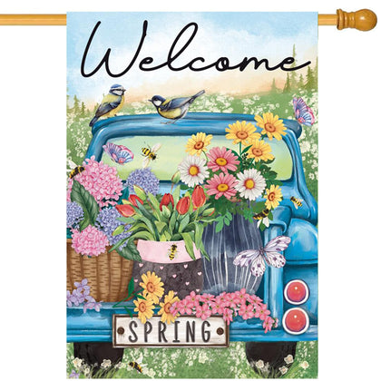 Morigins Welcome Spring blue truck flag with daisies for cheerful outdoor decor.