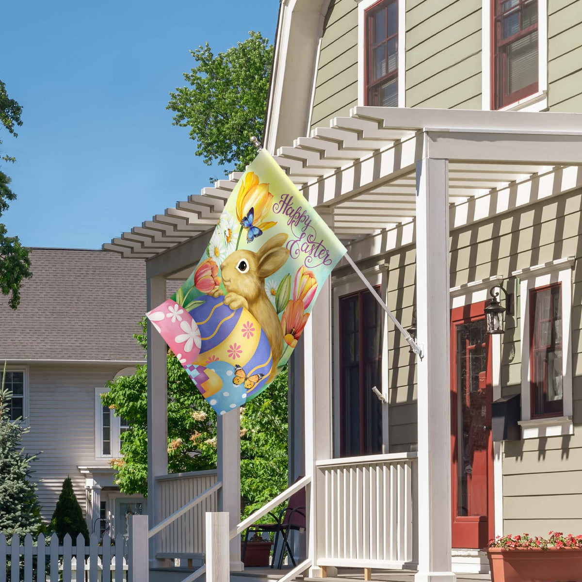 Morigins Yard flag in use, adds cheerful Easter ambiance to outdoor space.
