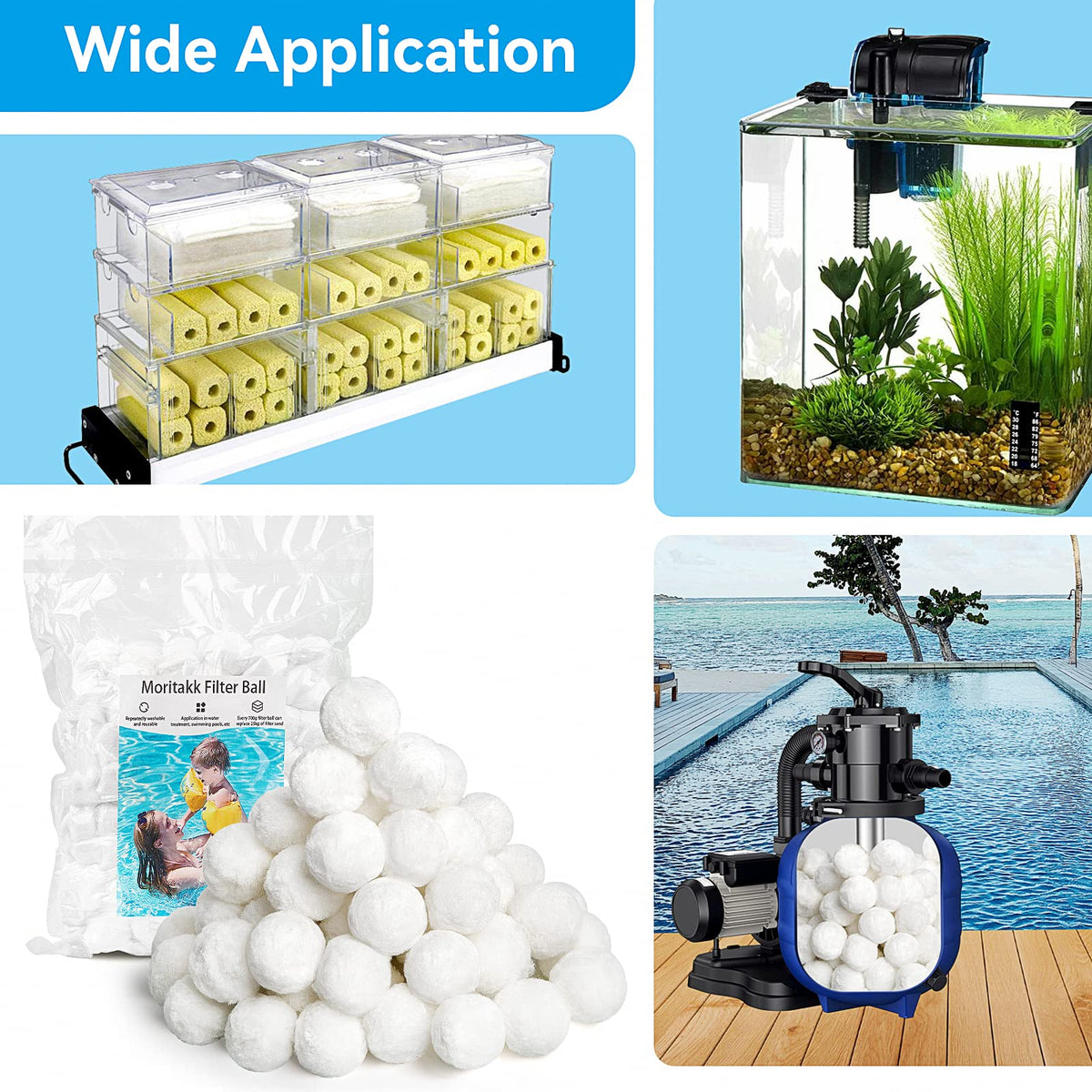 Moritakk filter balls packaging highlights easy setup across filter types