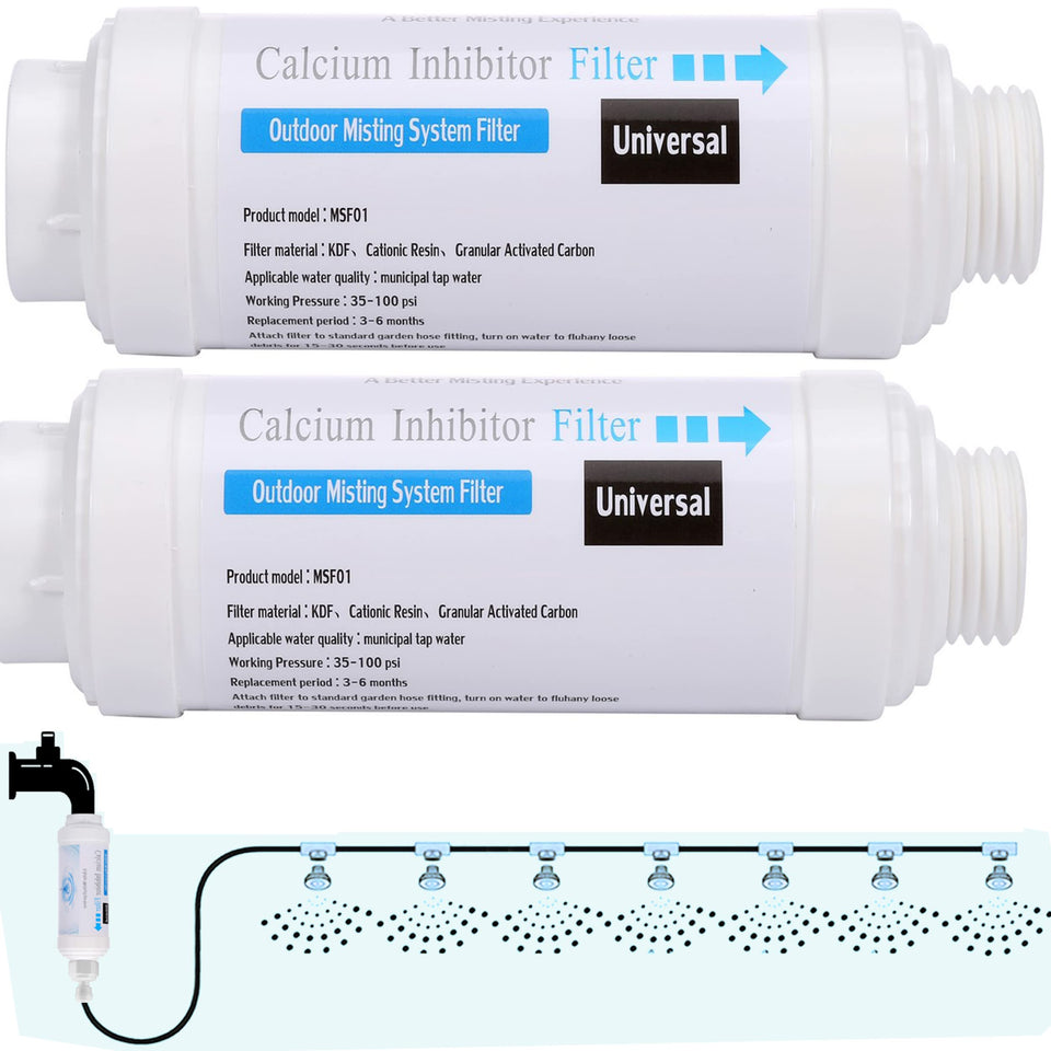 Mornajina calcium inhibitor filter for outdoor misting, protecting nozzles from scale buildup