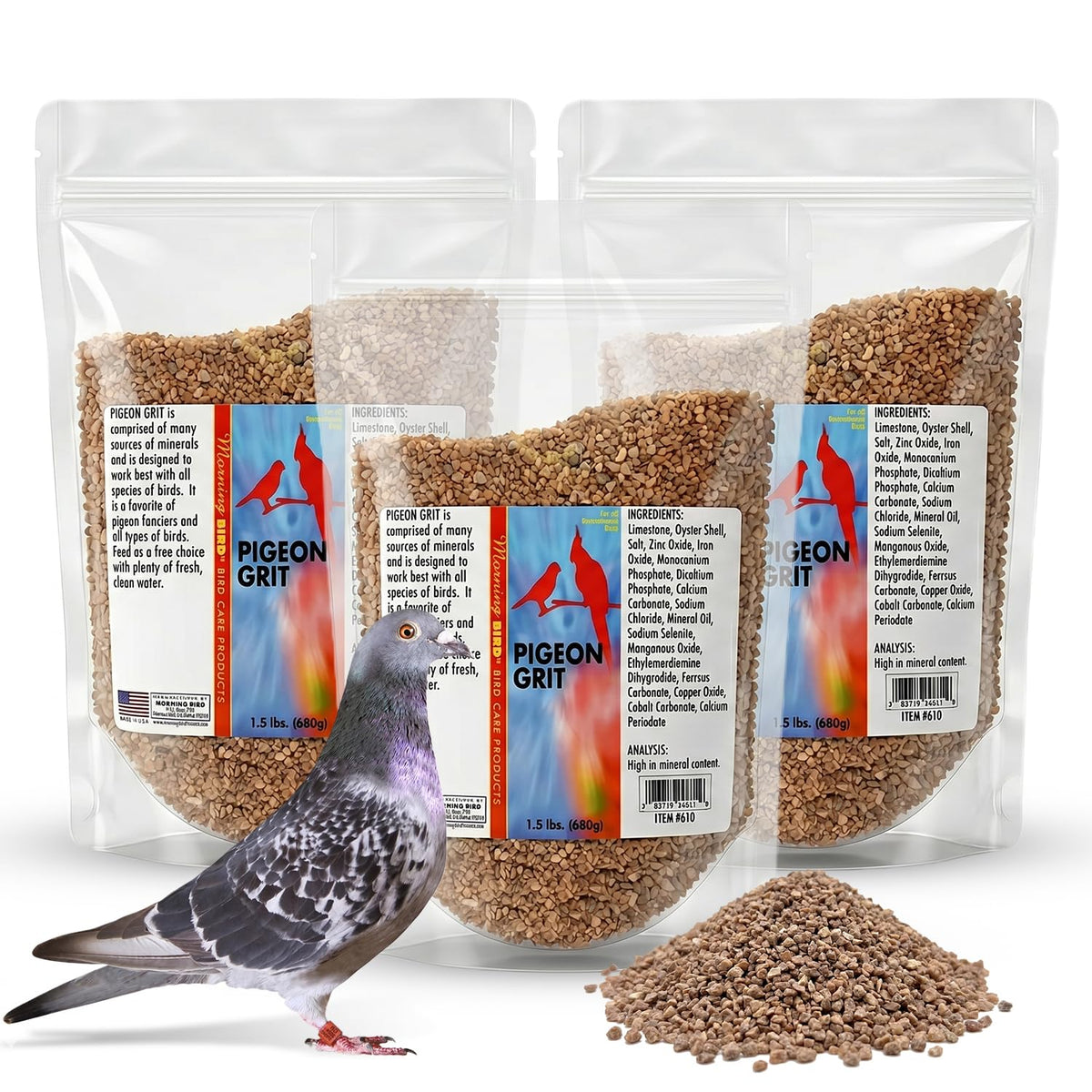 Morning Bird pigeon grit bag 1.5 lb with fresh seal supports daily feeding.
