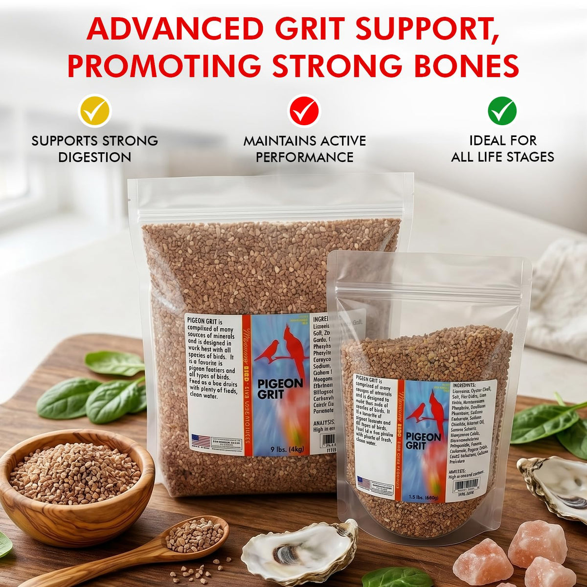Morning Bird pigeon grit made in USA Morgan Hill packaging.