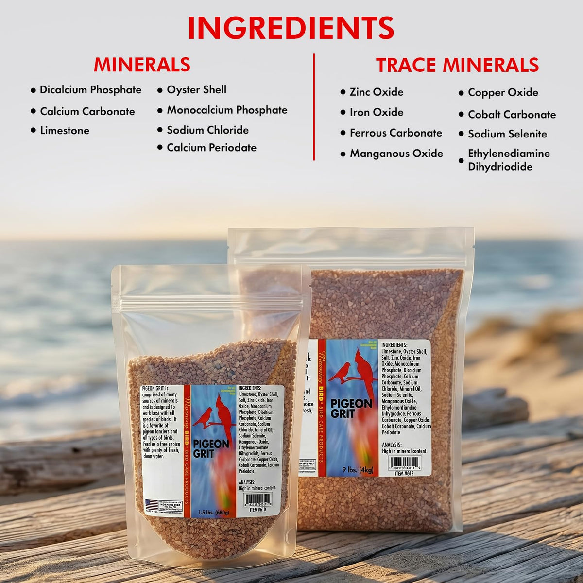 Morning Bird pigeon grit resealable bag keeps product fresh between uses.
