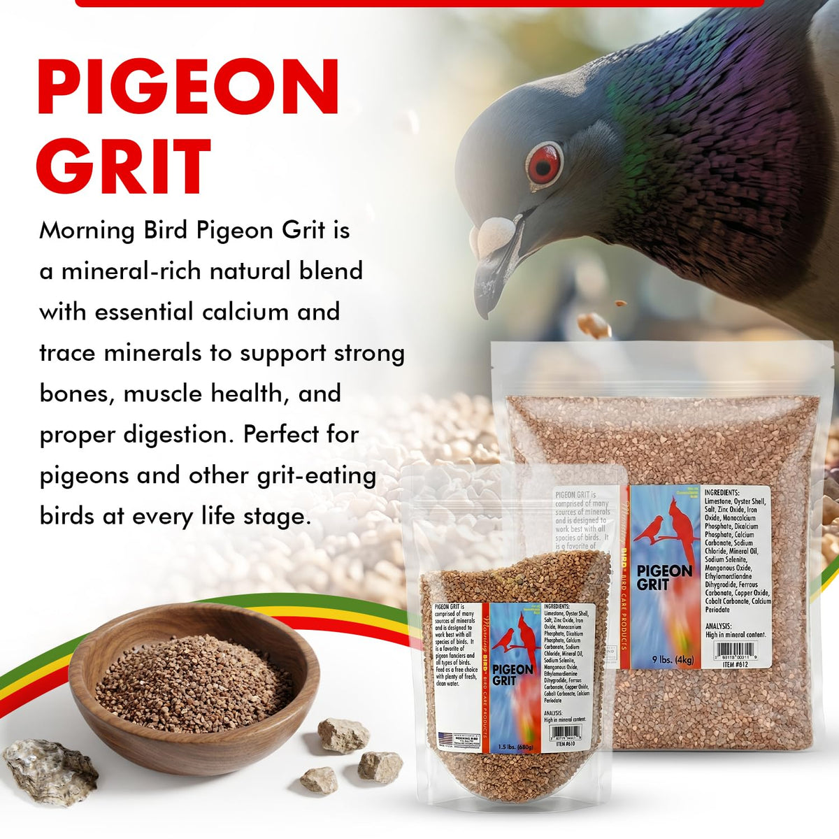 Morning Bird pigeon grit trio-pack shows convenient portioning for multiple birds.