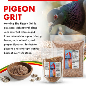 Morning Bird pigeon grit trio-pack shows convenient portioning for multiple birds.
