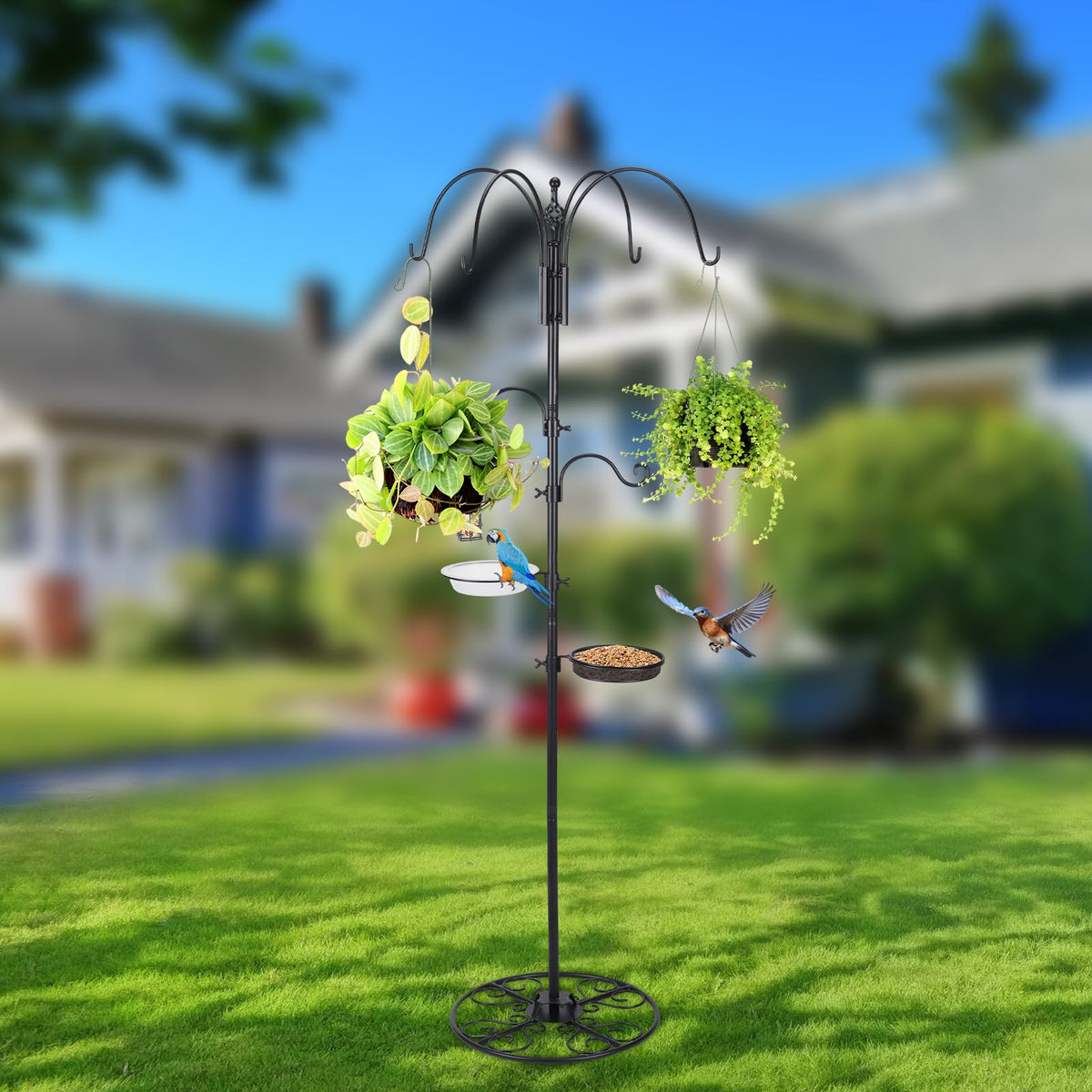 MorningRo black iron pole supports a bird feeder, wind chime, or planter.
