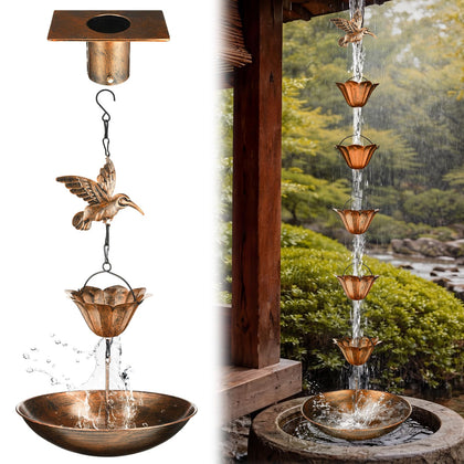 MorningRo brass rain chain main view with antique finish enhances curb appeal