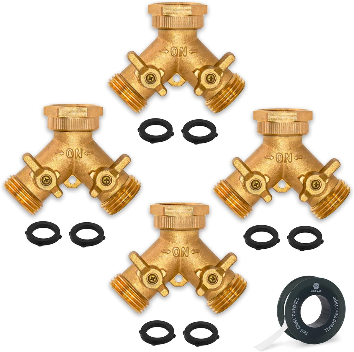 Morvat brass heavy-duty garden hose splitter top view showing dual outlets and grip handles