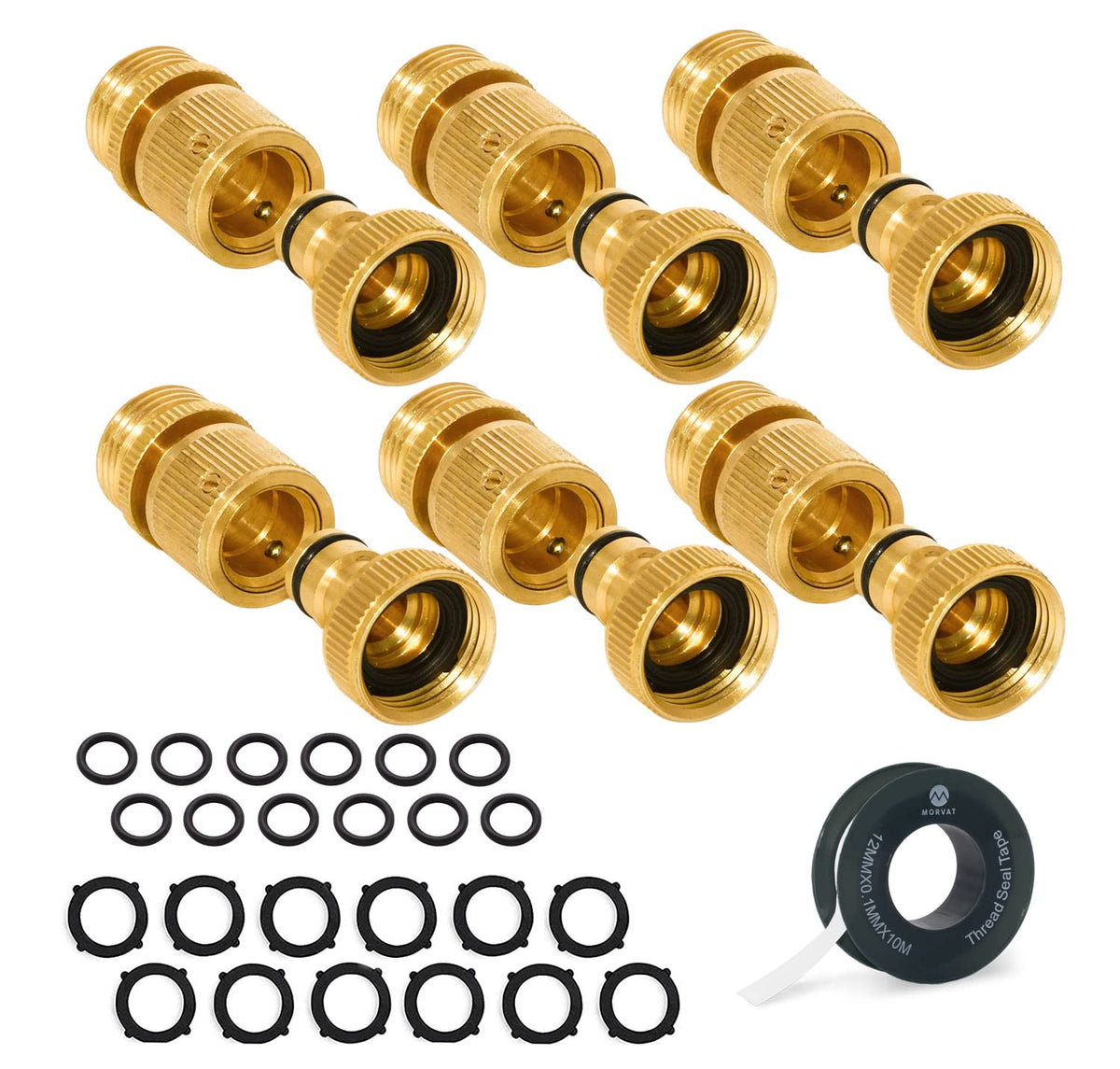 Morvat brass hose quick-connect assembly shows durable, leak-proof design for outdoor use.