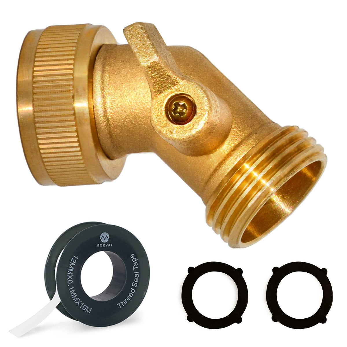 Morvat garden hose elbow 45-degree showcases easy routing and reduced hose strain.