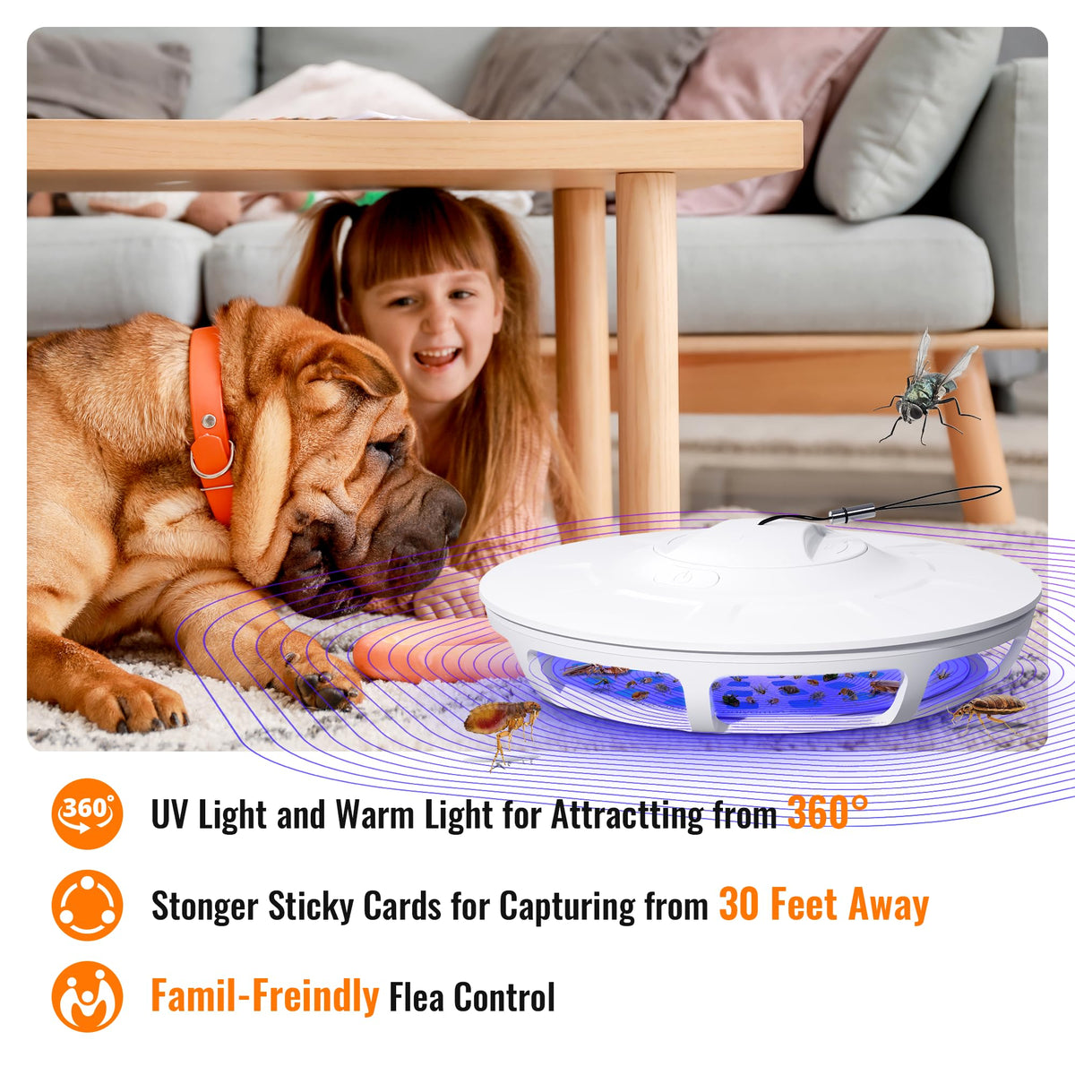 Mosalogic electric flea trap side view showcasing compact discreet placement in corners