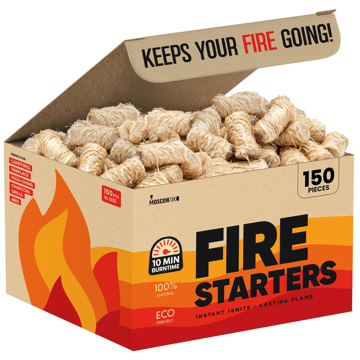 Moscow-Mix Fire Starter bulk pack ready for rapid campfire ignition.