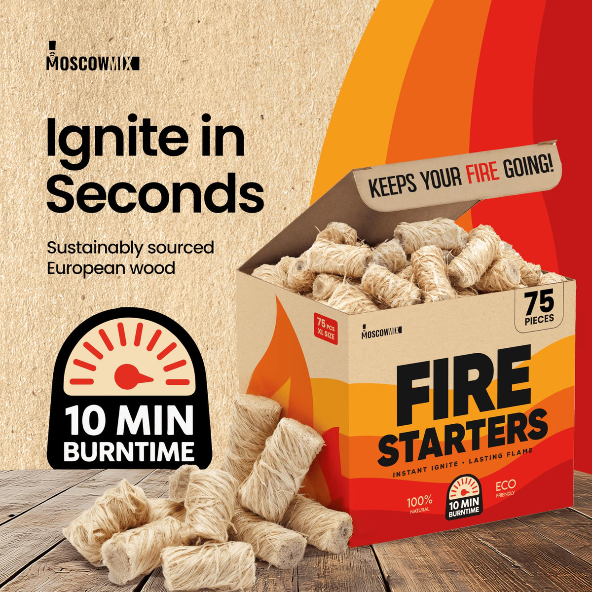 Moscow-Mix fire starter is odorless and eco-friendly for cleaner fires.