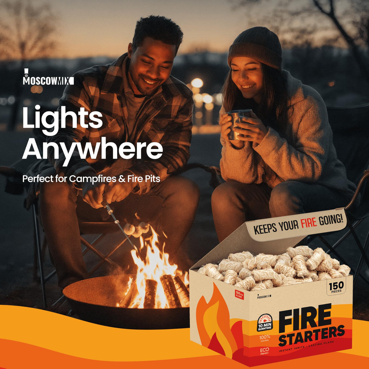 Moscow-Mix Fire Starter odorless wood pieces burn cleanly in a fireplace.