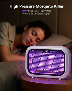 Mosiller 2500V grid neutralizes trapped insects safely.