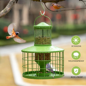 Mosloly metal cage feeder shows small opening for tiny birds to feed.