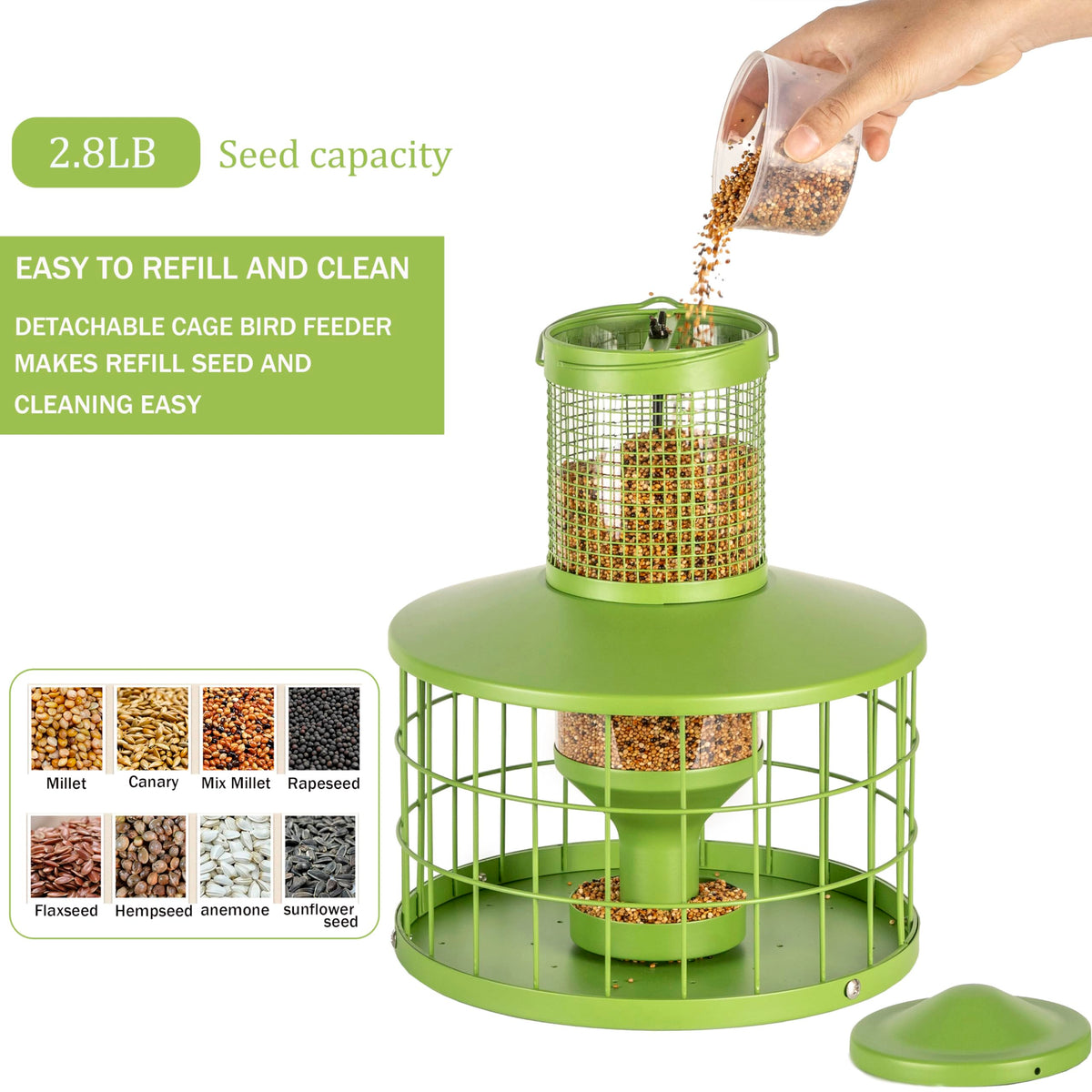 Mosloly caged bird feeder's squirrel-proof mesh protects seeds.