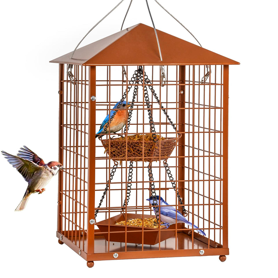 Mosloly Mealworms Bird Feeder: caged outdoor hanging attracts bluebirds with a sturdy feeding space.